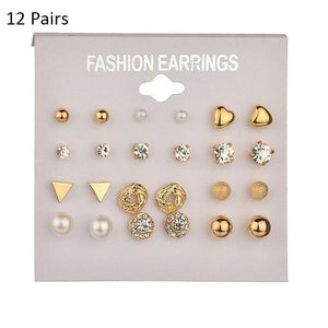 12/ 9 Pairs/Set Women's Pearl Flower Crystal Studs Earrings