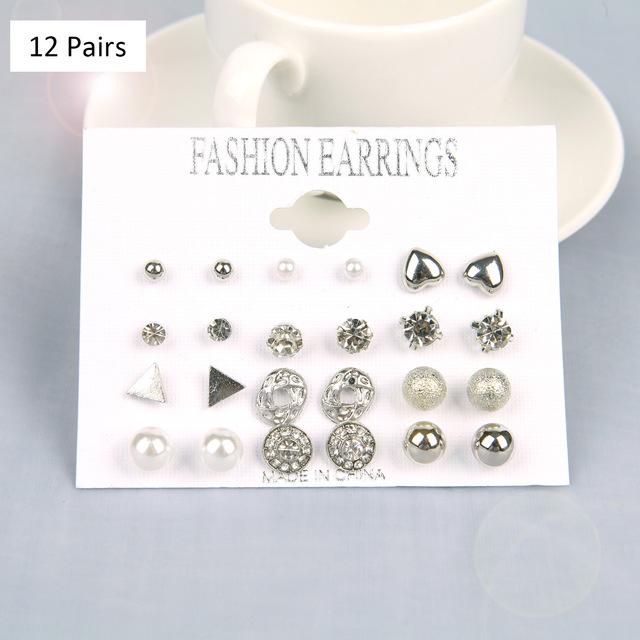 12/ 9 Pairs/Set Women's Pearl Flower Crystal Studs Earrings