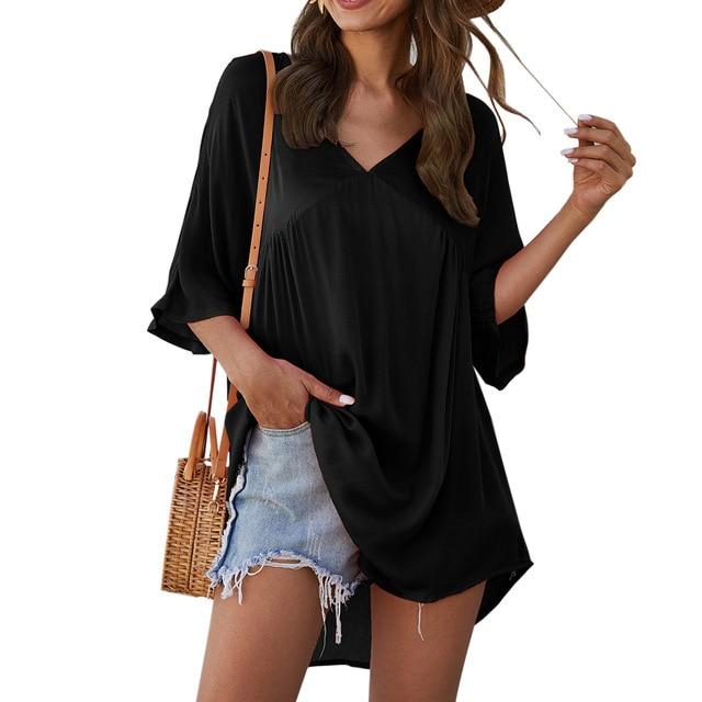 Women Loose Solid Dresses Turn Down Casual Ladies Office Shirt Dresses Button 2019 Summer Spring Long Sleeve Dresses Vestidos