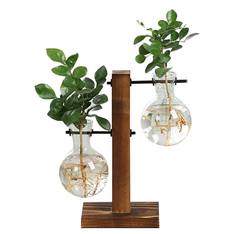 Terrarium Hydroponic Plant Vases Vintage Flower Pot Transparent Vase Wooden Frame Glass Tabletop Plants Home Bonsai Decor