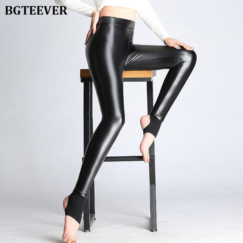 BGTEEVER Spring Autumn Winter Soft PU Leather Pant Women Velvet Pants Warm Stretch Skinny Trousers Pencil Leather Leggings