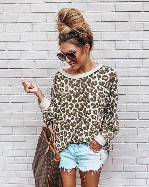 2020 New Spring  Women Sweatshirt Round Neck Print Leopard Jersey Loose Shirt 5 Colors Women Pullovers Tops