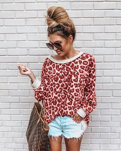 2020 New Spring  Women Sweatshirt Round Neck Print Leopard Jersey Loose Shirt 5 Colors Women Pullovers Tops