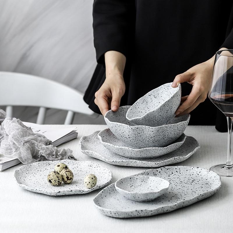 Stone Dinnerware Dinner Plates and Bowls Set Stoneware Rice Soup Salad Ramen Noodle Bowl Fish Plate loza Ceramic Crockery louça