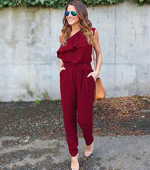 Fashion Womens Ladies Stylish Solid Color Short Sleeve Ruffles One Shoulder Summer Long Rompers Loose Jumpsuits Playsuits Pants