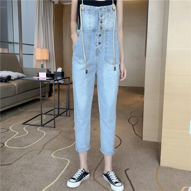 Women Dungarees Fashion Chic Denim Jumpsuit Summer Sashed Harem Playsuit Hong Kong Vintage Jeans Overalls Sleeveless Bodysuit