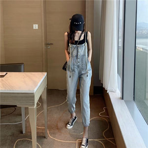 Women Dungarees Fashion Chic Denim Jumpsuit Summer Sashed Harem Playsuit Hong Kong Vintage Jeans Overalls Sleeveless Bodysuit