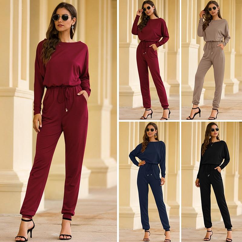 New Autumn Jumpsuits For Women Long Sleeve High Waist Loose Jumpsuit Long Slim Leg Pocket Fashion Women Clothes Solid Romper