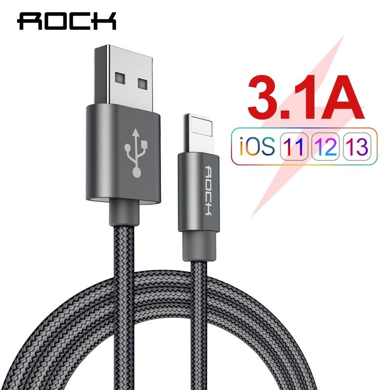 ROCK 3.1A Metal Nylon Braided Phone Cable for iPhone Fast Charger Lighting USB Cables For iPhone 11 X 8 7 6 Pro Max Plus iPad