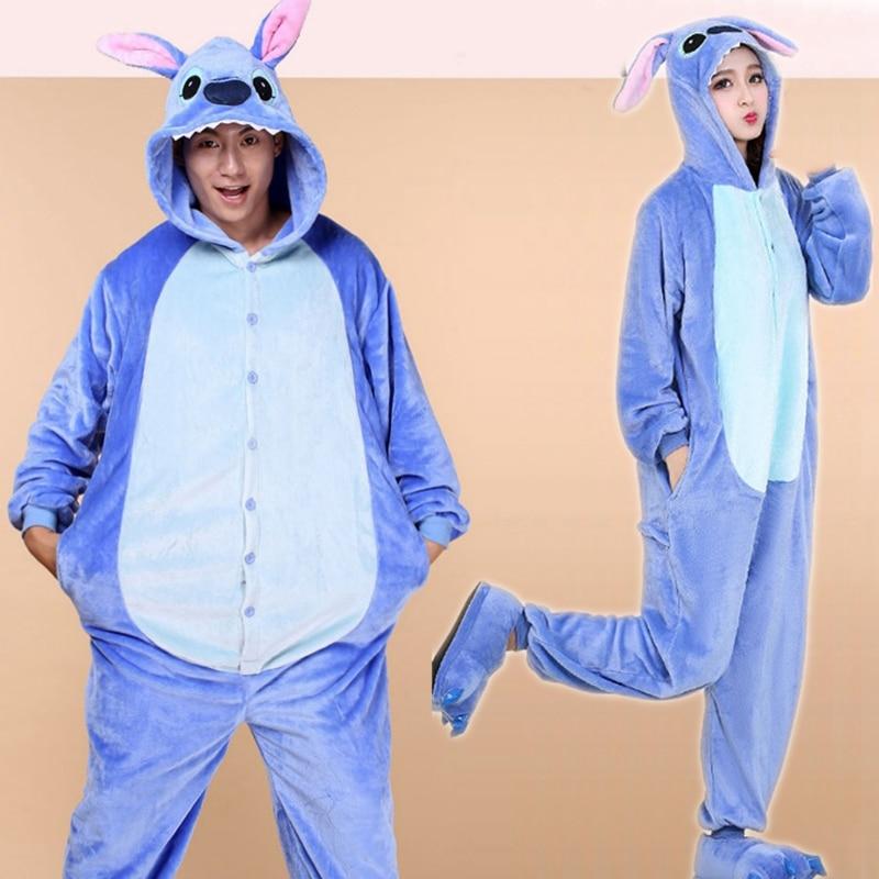 Cartoon Jumpsuit Stitch Pajamas Women Men Sleepwear Onesies Unisex Adult Cosplay Costume Party Kigurumi Set Home Clothes Flannel