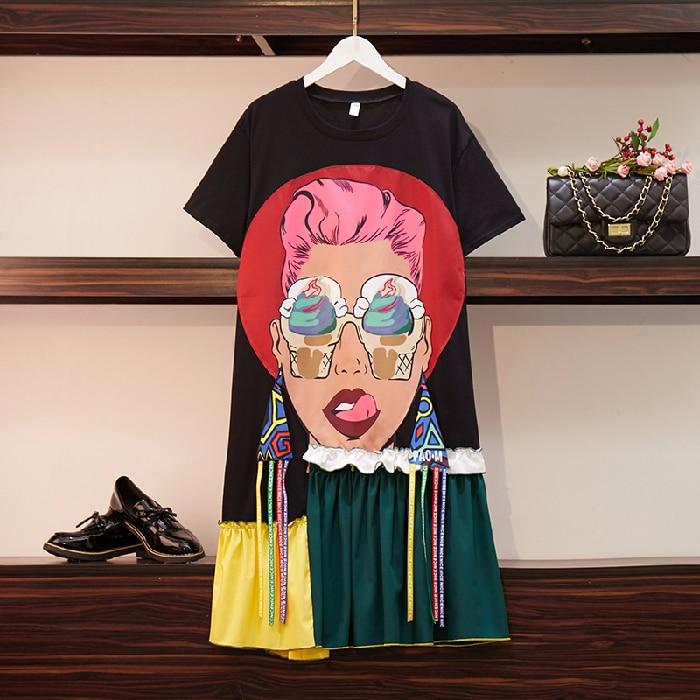 HAMALIEL M-5XL Large Size Women Dress New 2019 Summer Fashion Print Cartoon Tassel Loose Tshirt Dress Hit Color Oversize Dress