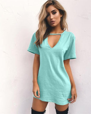 1pc 2019 Women Summer Short Sleeve Tshirt Dress Hanging V-neck Casual Sexy Halter Loose Mini Tee Dress 3XL