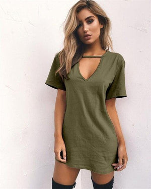 1pc 2019 Women Summer Short Sleeve Tshirt Dress Hanging V-neck Casual Sexy Halter Loose Mini Tee Dress 3XL