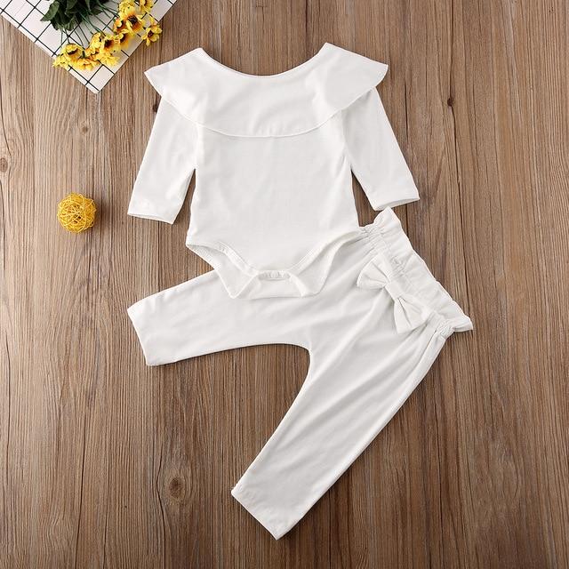 2Pcs Toddler Kids Baby Girl Ruffle Bodysuit Romper Top Solid Bowknot Pants