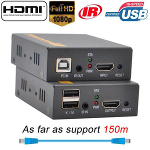 150m HDMI USB Extender RJ45 IP Network KVM Over IP Extender Over Cat5 Cat5e Cat6 HDMI KVM Extender With  Wide IR By UTP/STP