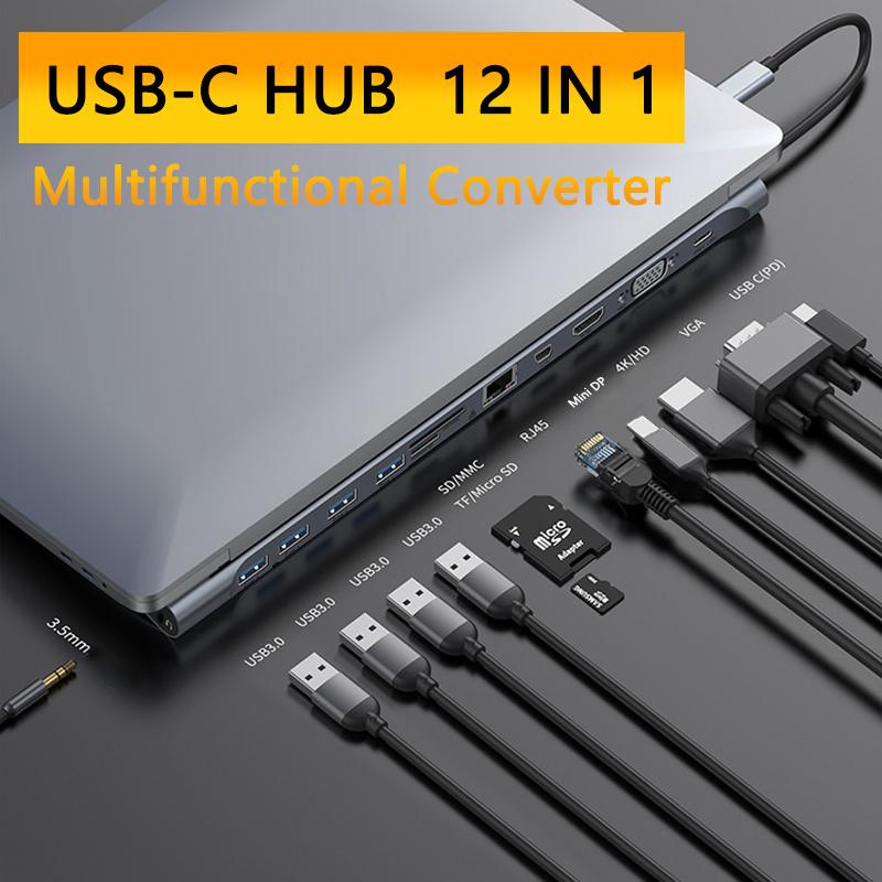 12-In-1 Type C Hub USB C to HDMI VGA Mini DP RJ45 USB 3.0 Ports SD/TF Card Reader USB-C Dock Station  for MacBook Pro With PD