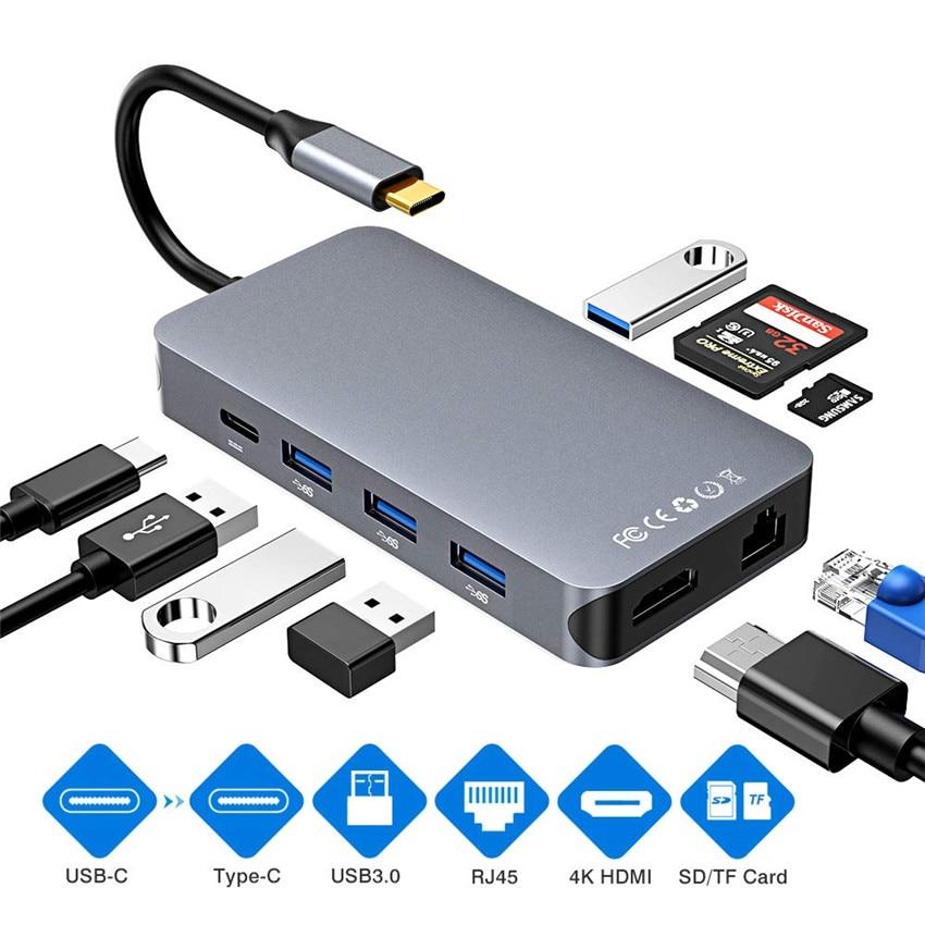 Thunderbolt 3 Type C Converter USB C hdmi 4K 30hz USB3.0 hub Micro SD/TF Card Reader RJ45 1000mbps with PD charging Adapter