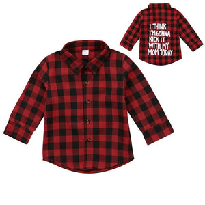 Red Plaid Fashion Toddler Kids Boy Girl Long Sleeve Back Letter Print Shirt