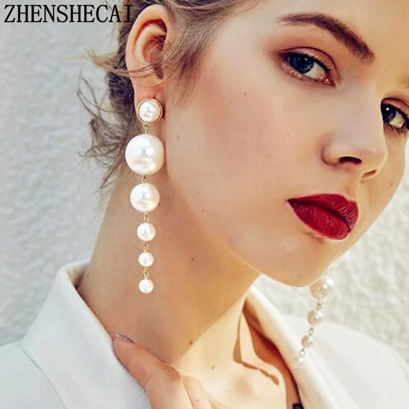 Trendy Elegant Created Big Simulated Pearl Long Earrings