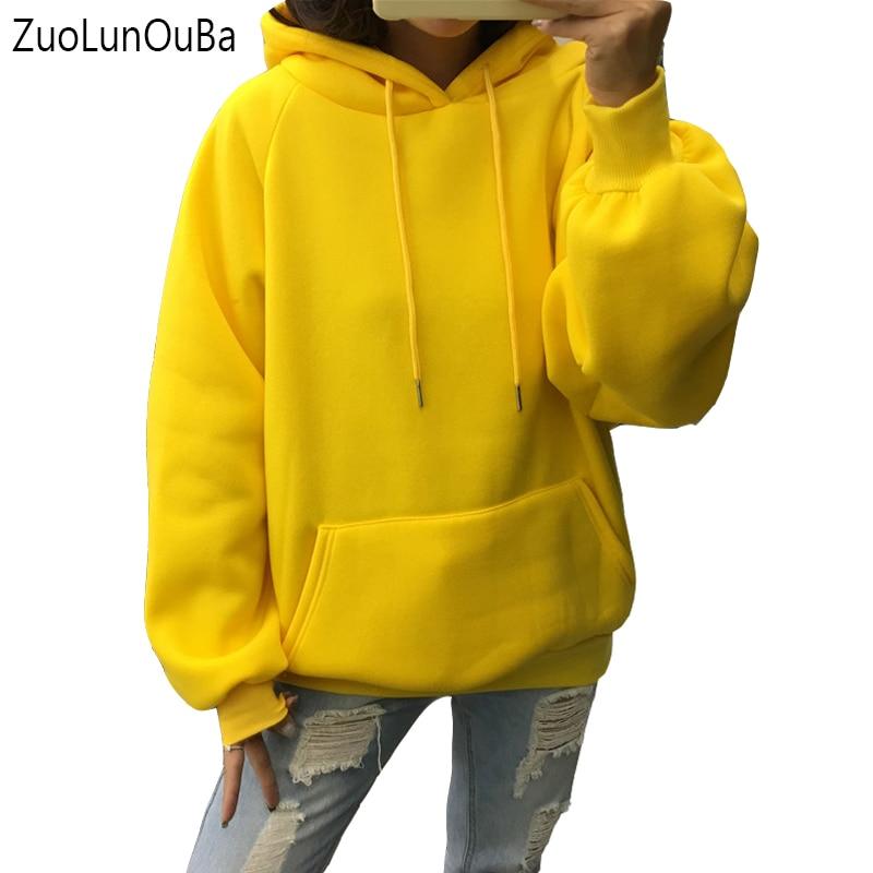 Zuolunouba 2018 winter Casual Fleece women Hoodies Sweatshirts long sleeve yellow girl Pullovers loose Hooded Female thick coat