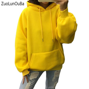 Zuolunouba 2018 winter Casual Fleece women Hoodies Sweatshirts long sleeve yellow girl Pullovers loose Hooded Female thick coat