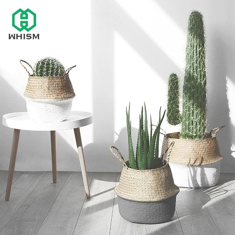 WHISM Handle Seagrass Laundry Basket Folding Handmade Straw Flowerpot Planter Wicker Clothes Toys Storage Holder Organizer