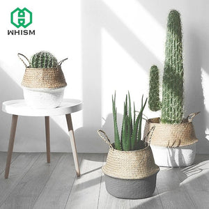 WHISM Handle Seagrass Laundry Basket Folding Handmade Straw Flowerpot Planter Wicker Clothes Toys Storage Holder Organizer