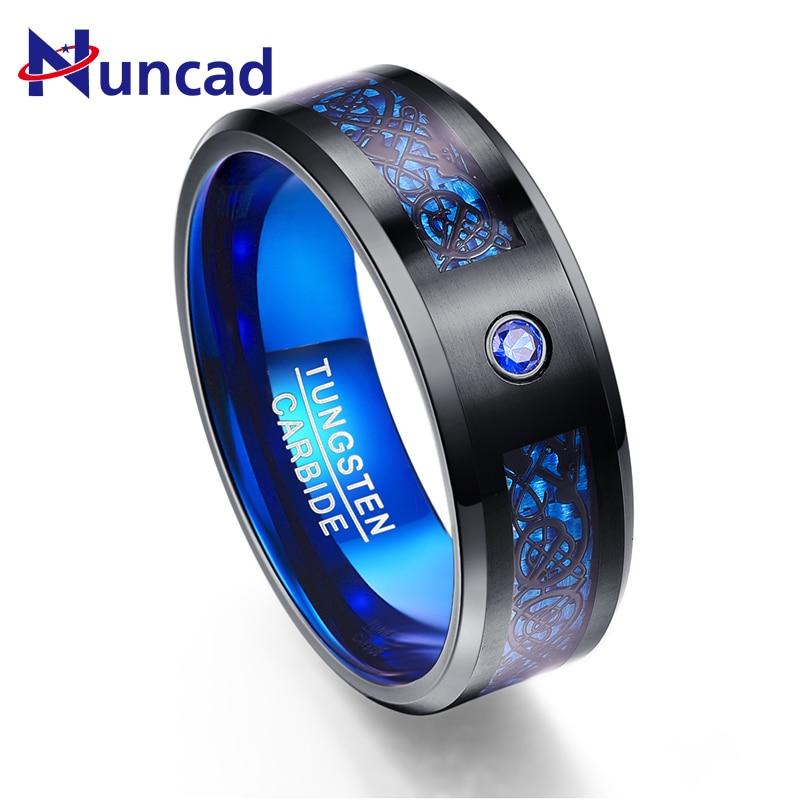 Carbon Fiber Scrub Blue Zircon Men Ring Tungsten Carbide Anillos para hombres Black Dragon