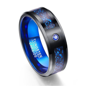 Carbon Fiber Scrub Blue Zircon Men Ring Tungsten Carbide Anillos para hombres Black Dragon