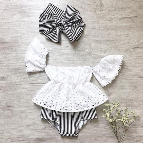 3pcs Toddler Baby Girl clothes set Lace  hollow out  short sleeve Top + Stripe Shorts +headband