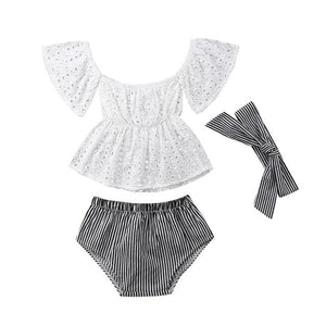 3pcs Toddler Baby Girl clothes set Lace  hollow out  short sleeve Top + Stripe Shorts +headband