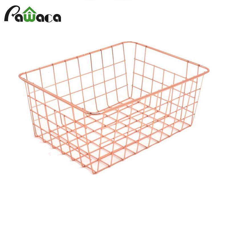 Nordic Style Rose Gold Metal Wire Storage Basket Cosmetic Organizer Holder Home Office Desk Toiletry Collection Bathroom Shelf