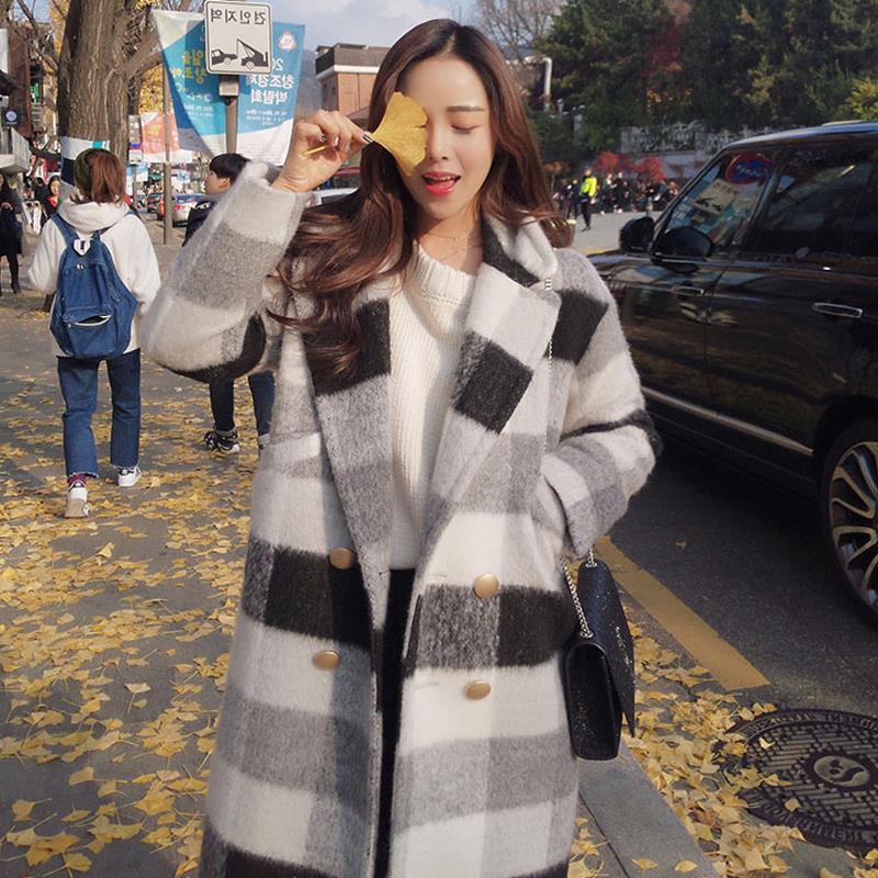 Ailegogo New Autumn Winter Cashmere Trench Jacket Women Casual Black White Plaid Coat Thickness Warm Button Pocket Jackets