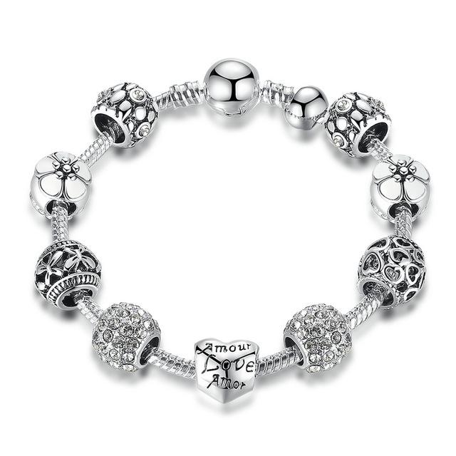 Antique Silver Charm Bracelet & Bangle with Love and Flower Beads