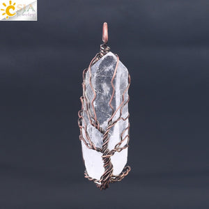 CSJA Natural Crystal Pillar Big Pendants Antique Copper Wire Wrapped Tree of Life Quartz Pendant for Necklace PPC Chain F554