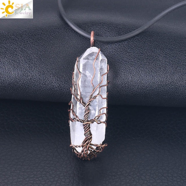 CSJA Natural Crystal Pillar Big Pendants Antique Copper Wire Wrapped Tree of Life Quartz Pendant for Necklace PPC Chain F554