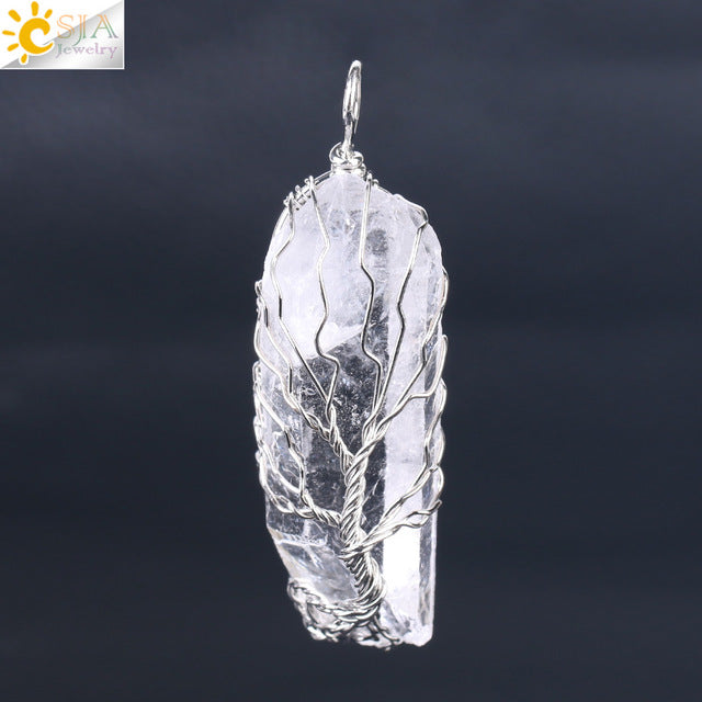 CSJA Natural Crystal Pillar Big Pendants Antique Copper Wire Wrapped Tree of Life Quartz Pendant for Necklace PPC Chain F554