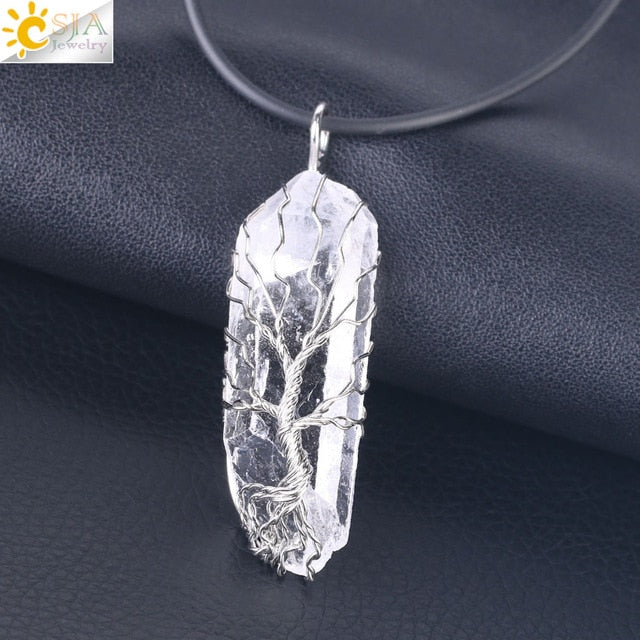 CSJA Natural Crystal Pillar Big Pendants Antique Copper Wire Wrapped Tree of Life Quartz Pendant for Necklace PPC Chain F554