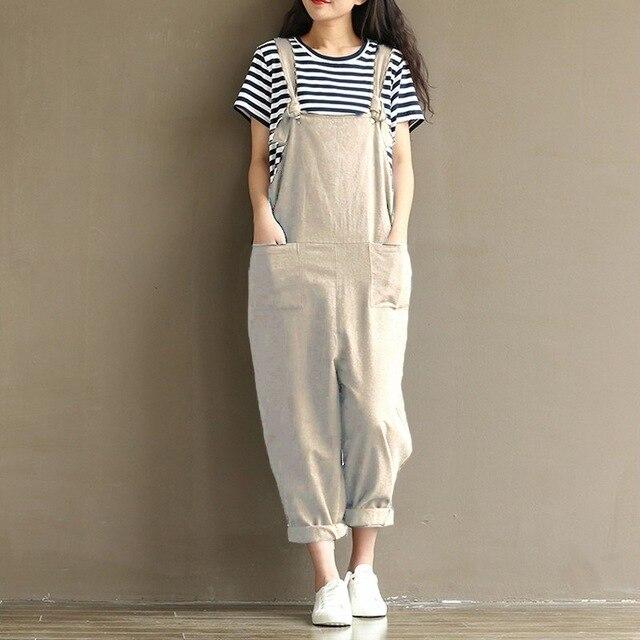 ZANZEA Women Strappy Sleeveless Bib Overalls Rompers Pockets Dungaree Spring Cotton Linen Long Suspender Jumpsuits Plus Size