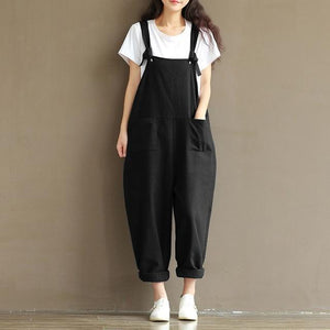 ZANZEA Women Strappy Sleeveless Bib Overalls Rompers Pockets Dungaree Spring Cotton Linen Long Suspender Jumpsuits Plus Size