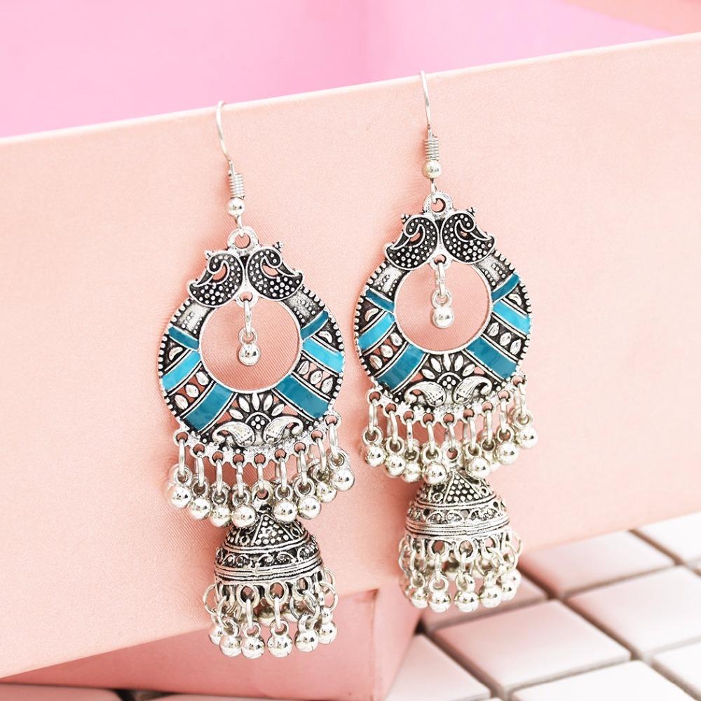 Egypt Vintage Silver Alloy Jhumka Bells Beads Tassel Statement Earrings