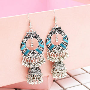 Egypt Vintage Silver Alloy Jhumka Bells Beads Tassel Statement Earrings