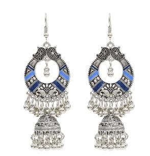 Egypt Vintage Silver Alloy Jhumka Bells Beads Tassel Statement Earrings