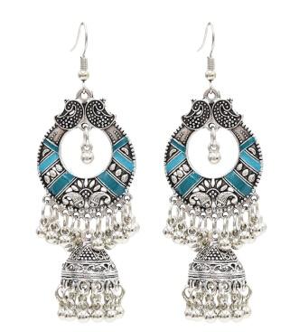 Egypt Vintage Silver Alloy Jhumka Bells Beads Tassel Statement Earrings