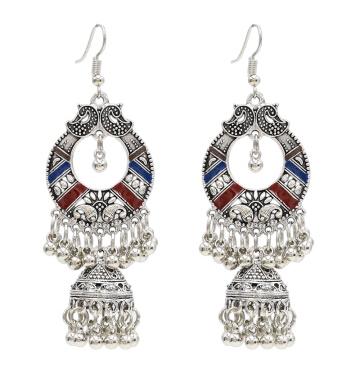 Egypt Vintage Silver Alloy Jhumka Bells Beads Tassel Statement Earrings