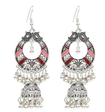 Egypt Vintage Silver Alloy Jhumka Bells Beads Tassel Statement Earrings