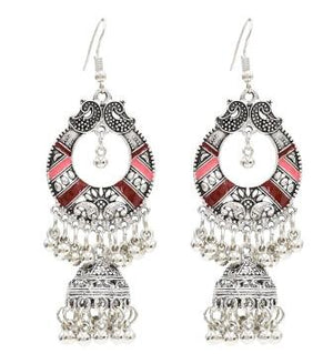 Egypt Vintage Silver Alloy Jhumka Bells Beads Tassel Statement Earrings