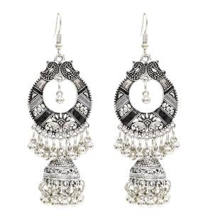 Egypt Vintage Silver Alloy Jhumka Bells Beads Tassel Statement Earrings