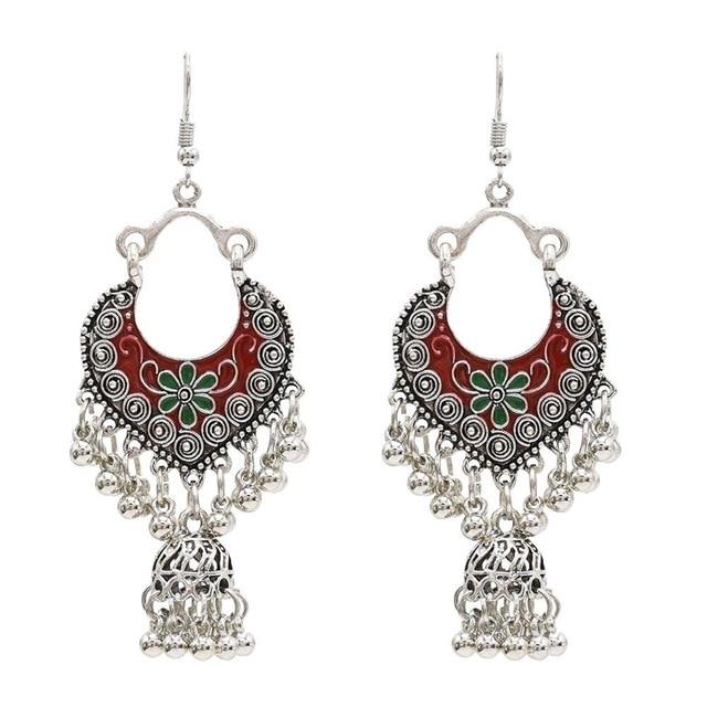 Egypt Vintage Silver Alloy Jhumka Bells Beads Tassel Statement Earrings