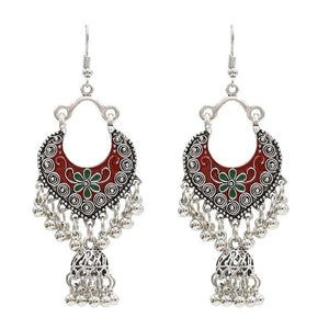 Egypt Vintage Silver Alloy Jhumka Bells Beads Tassel Statement Earrings